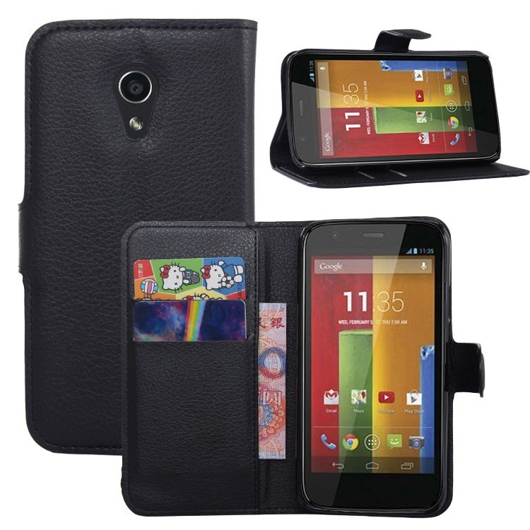 Litchi Texture Leather Stand Case for Motorola Moto G2 G (2nd gen) XT1063 XT1072 / Dual SIM - Black-3