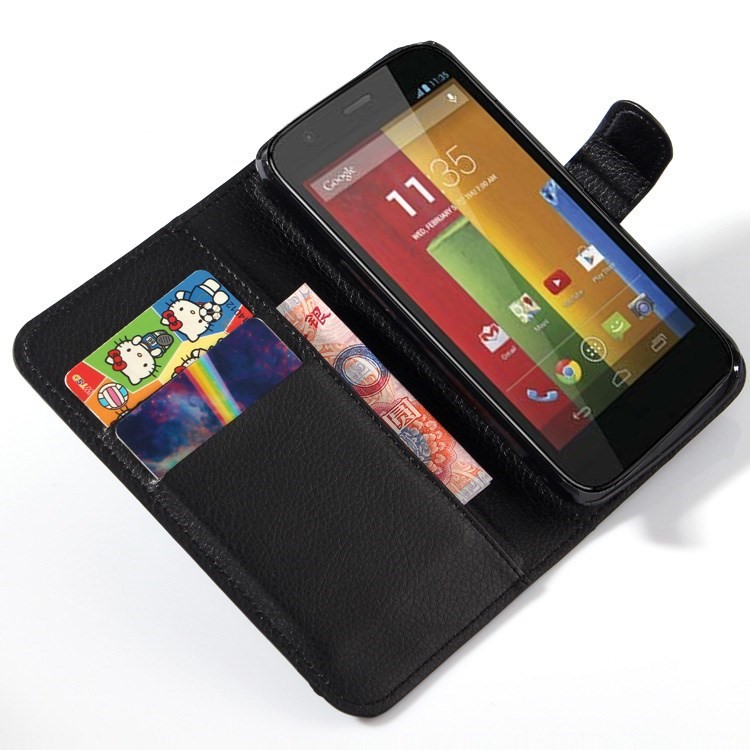 Litchi Texture Leather Stand Case for Motorola Moto G2 G (2nd gen) XT1063 XT1072 / Dual SIM - Black-5