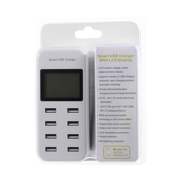 8-Port 8A Smart USB Charger with LCD Display for Mobile Phone and Tablet - US Plug / White-8