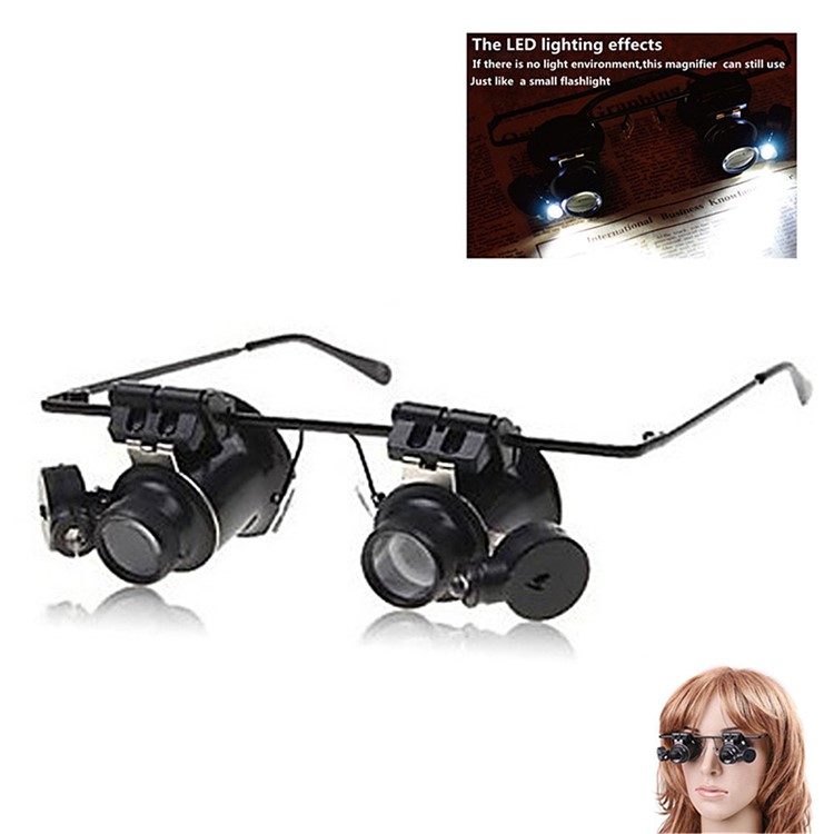 Glasses Magnifier 20X LED Double Glasses Loupe Jeweler Watch Repair Magnifying Eyeglasses - Black-1