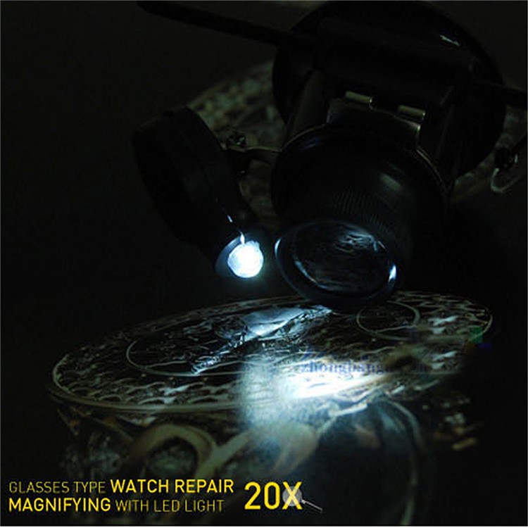 Glasses Magnifier 20X LED Double Glasses Loupe Jeweler Watch Repair Magnifying Eyeglasses - Black-11