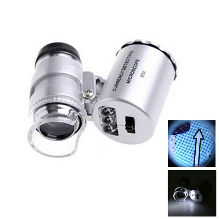 60X Mini Portable Magnifier Currency Detector Loupe Magnified Tool with LED / UV Light - Silver-1