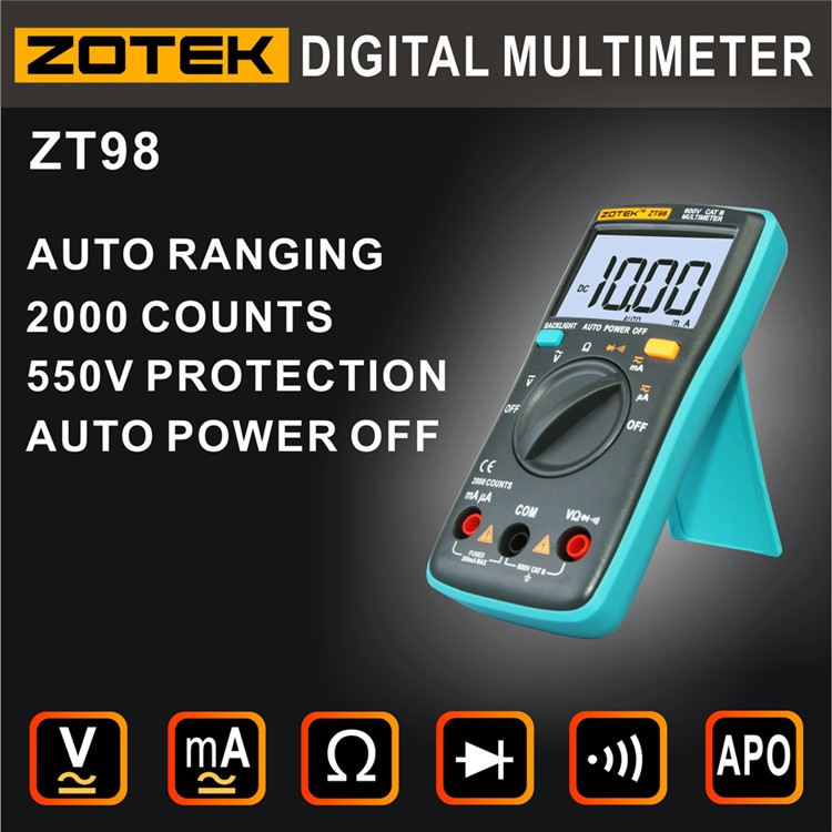 ZOTEK ZT98 Portable Auto-ranging Digital Multimeter with Kickstand - Black / Blue-1
