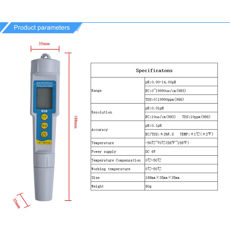 3-in-1 Portable PH/EC/TEMP Meter Trimeter Pen Type Water Quality Monitor Tester Detector - White-9