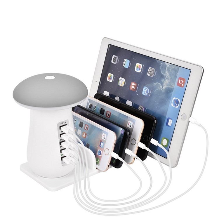 

40W 5-Port USB Charging Station Stand and Mushroom LED Night Light - White / US Plug, iPhone XS 5.8 inch