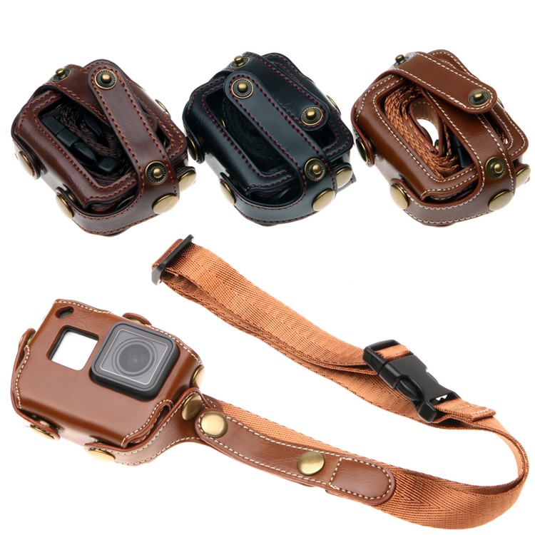 Protective Leather Camera Case with Shoulder Strap for GoPro Hero 6 / Hero 5 Black - Black-3