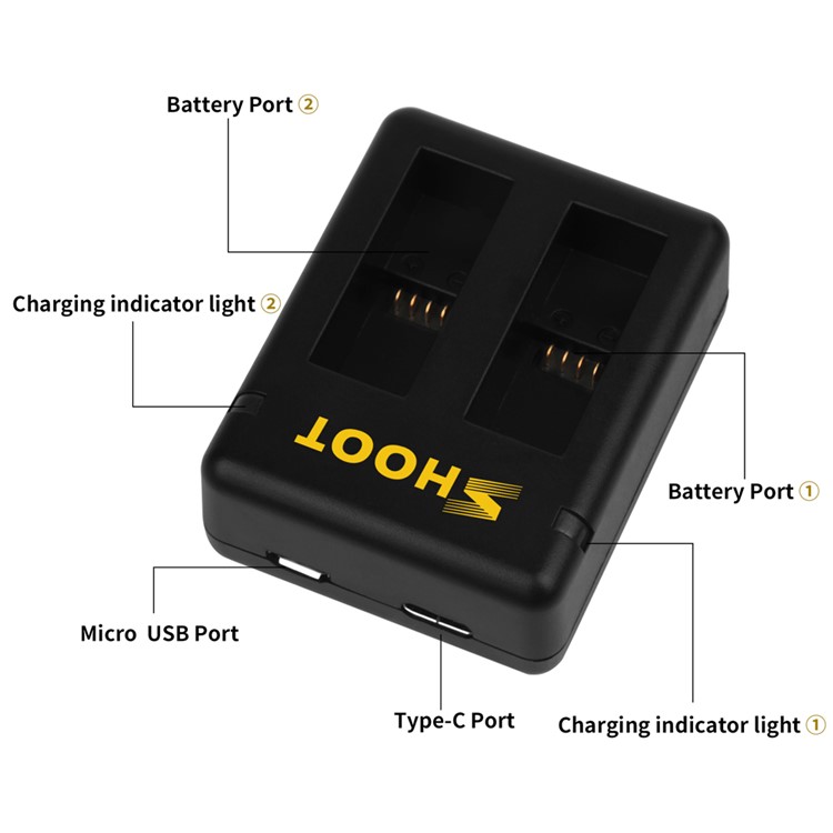 SHOOT XTGP374 2-Pack Rechargeable Batteries + 2-Port USB Charger for GoPro Hero 5/6-4
