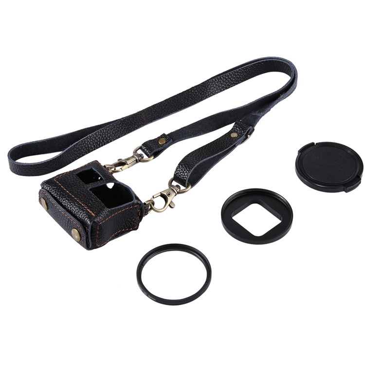 PULUZ PU305 Genuína Capa Protetora De Couro Tampa Da Caixa Cinta De Montagem No Peito Com 52mm Filtro De Lente UV Para Gopro HERO5 - Preto-6