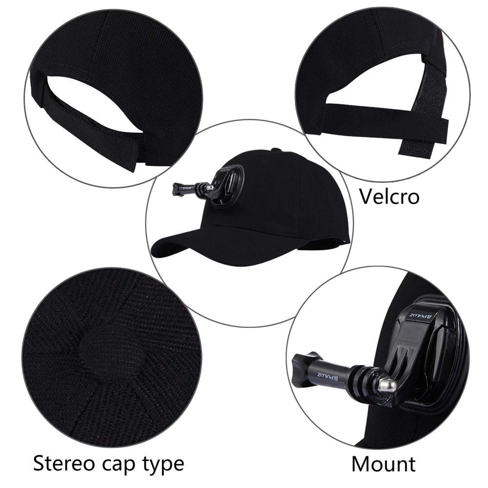 PULUZ PU195 Esportes Chapéu Da Câmera Para Gopro Acessórios Tampa Ajustável Com Parafusos E J Stent Base Para Câmera Gopro - Preto-8