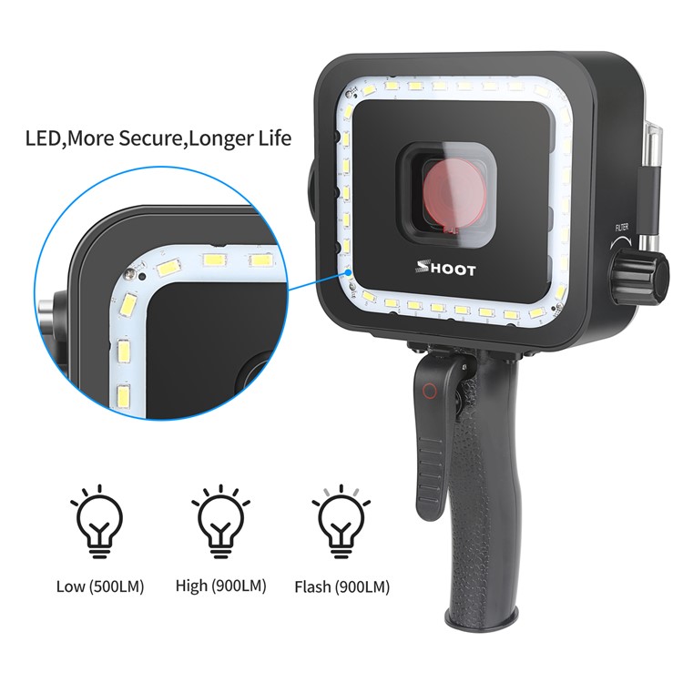 Diving Underwater Light 35M Waterproof Case LED Flashlight with Red Filter and Shutter Trigger for Gopro Hero 5/6/7-9