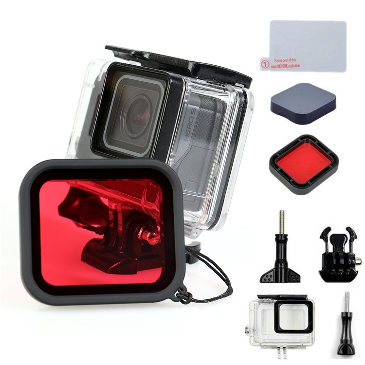 For GoPro Hero 5 Waterproof Housing + Red Filter Lens + Camera Lens Cover + Tempered Glass Screen Film-1
