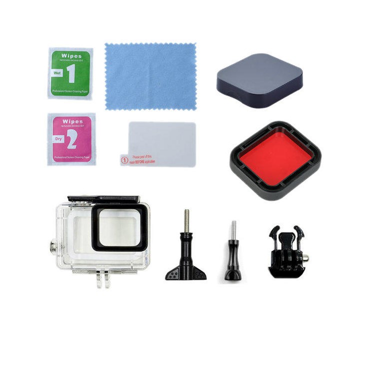 For GoPro Hero 5 Waterproof Housing + Red Filter Lens + Camera Lens Cover + Tempered Glass Screen Film-2