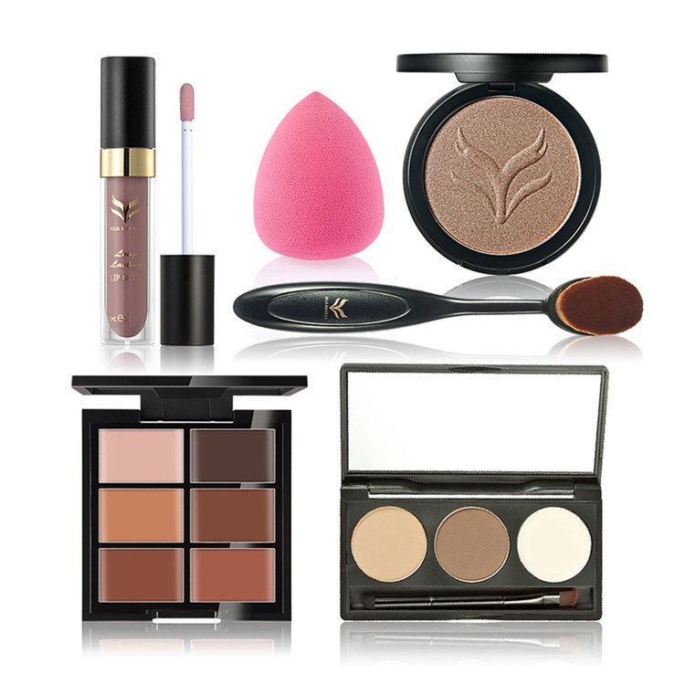 HUAMIANLI T6-2 6Pcs Cosmetic Makeup Set Pressed Powder Concealer Eyebrow Powder Lip Gloss Brush Puff-1