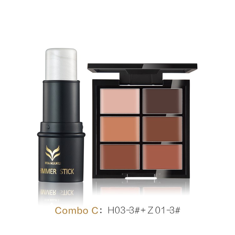 HUAMIANLI 1 Pcs of Makeup 6 Colors Face Contour Concealer Palette + 1 Pcs Highlighter Stick Shimmer - Z01-3#+H03-3#-1