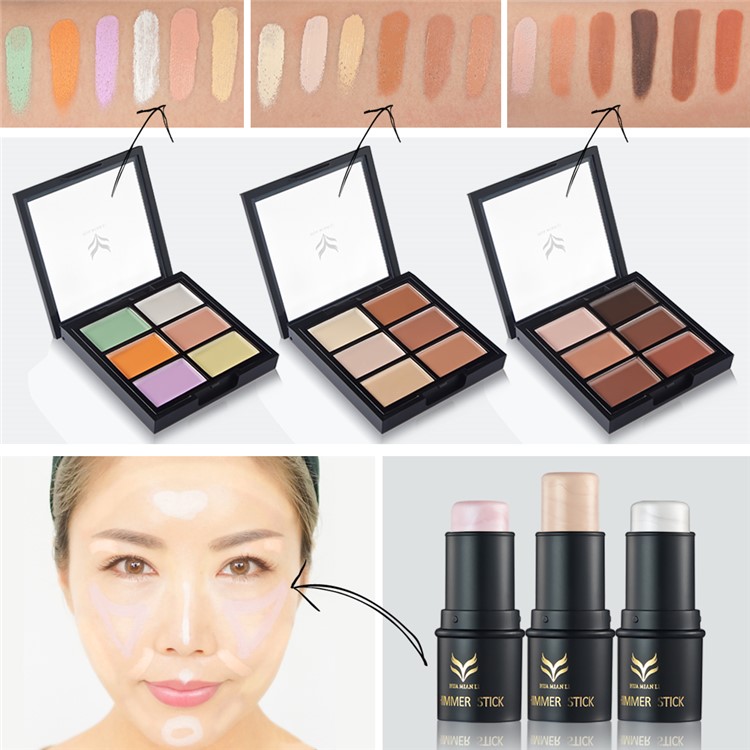 HUAMIANLI 1 Pcs of Makeup 6 Colors Face Contour Concealer Palette + 1 Pcs Highlighter Stick Shimmer - Z01-3#+H03-3#-2
