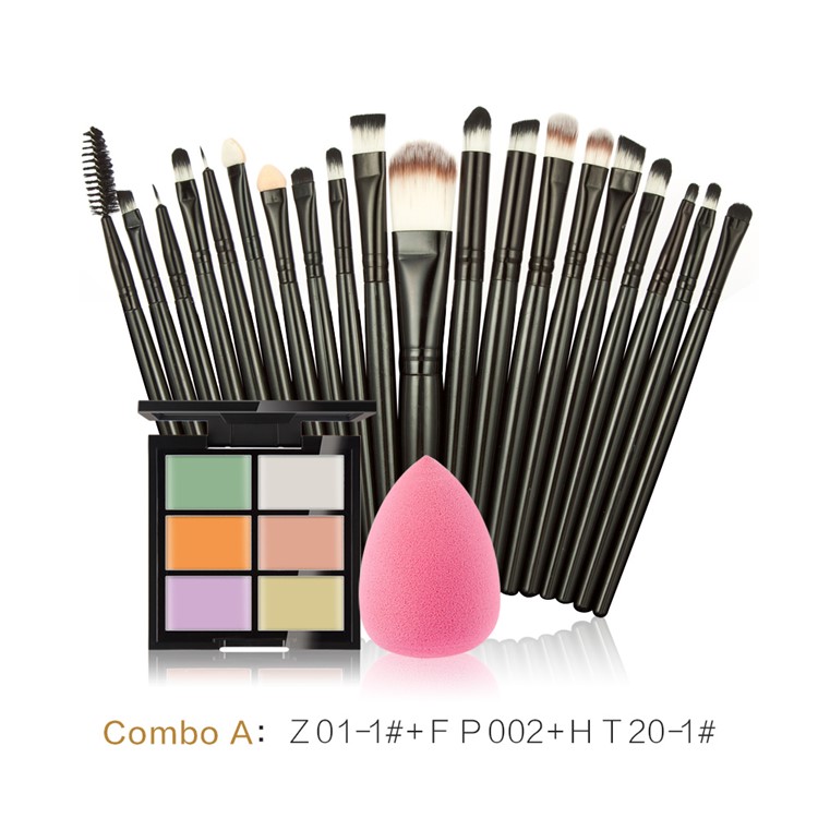 HUAMIANLI 3-in-1 Outfit Concealer Cream + Puff (Random Color) + Cosmetic Makeup Brush - Z01-1#+FP002+HT20-1#-1