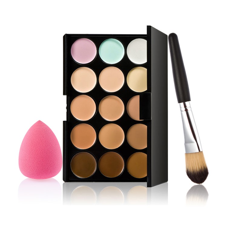 HUAMIANLI 15 Colors Makeup Concealer Contour Palette + Makeup Brush + Water Drop Sponge Puff-1