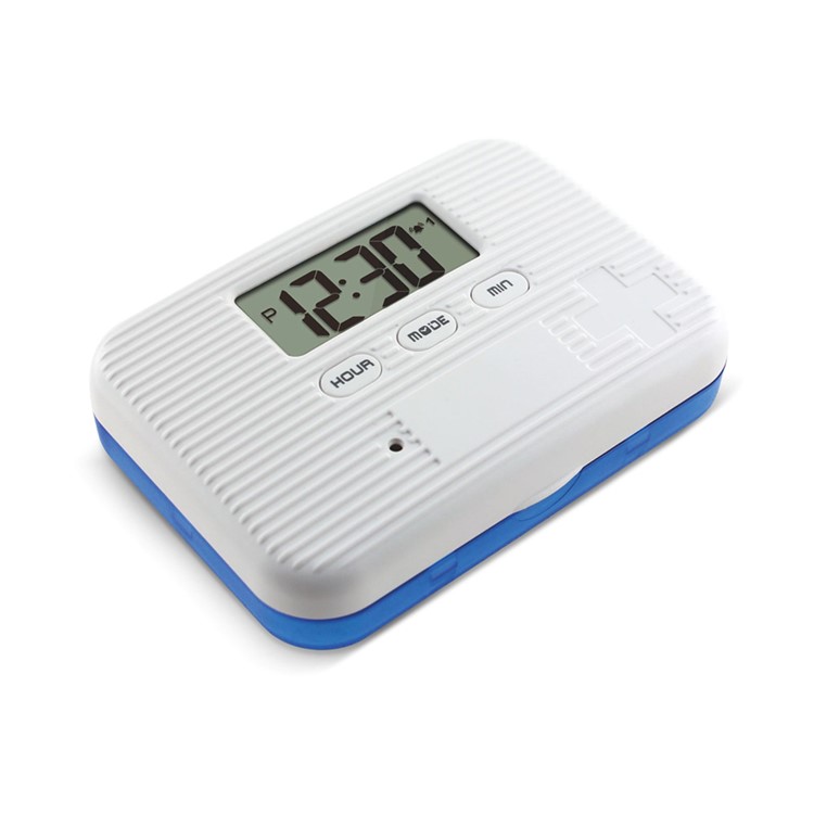 6 Gitter Getrennt Pillendose Staubdicht Pille Veranstalter Container Mit Elektronischer Timer Alarm - Weiß / Blau-3