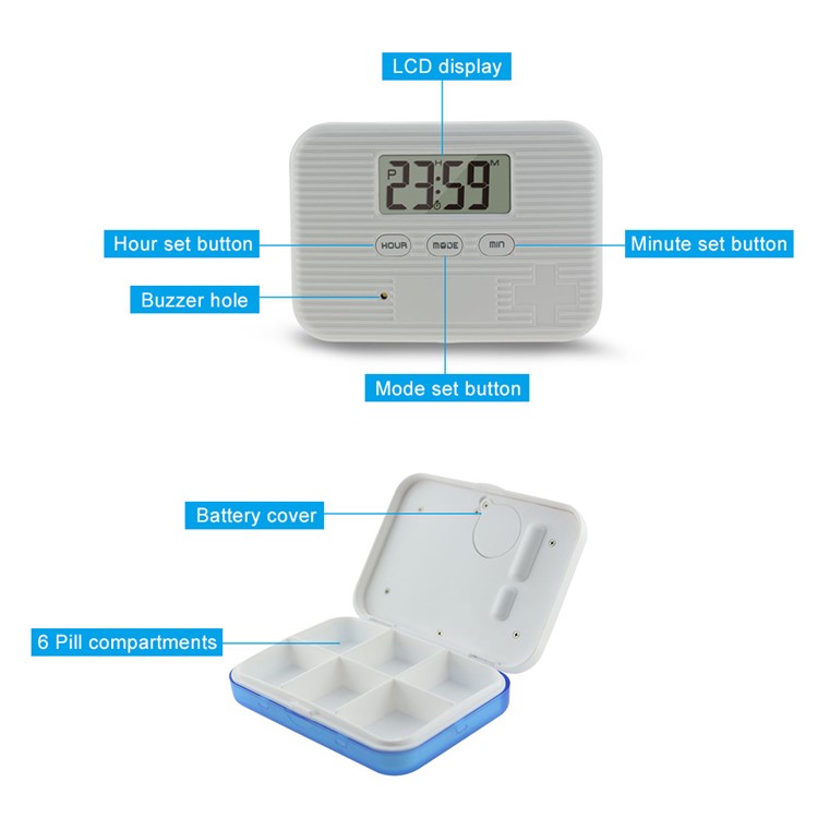 6 Gitter Getrennt Pillendose Staubdicht Pille Veranstalter Container Mit Elektronischer Timer Alarm - Weiß / Blau-5