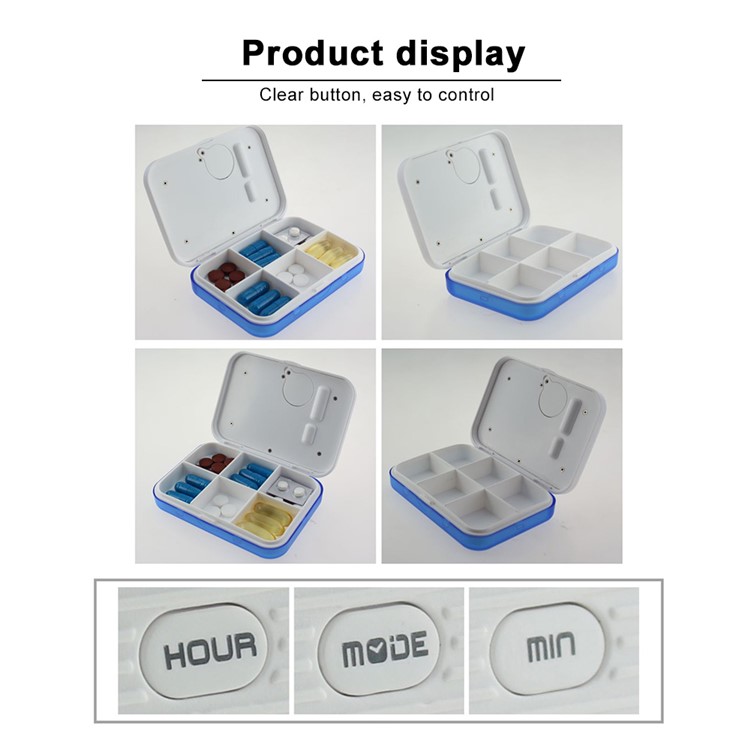 6 Gitter Getrennt Pillendose Staubdicht Pille Veranstalter Container Mit Elektronischer Timer Alarm - Weiß / Blau-6