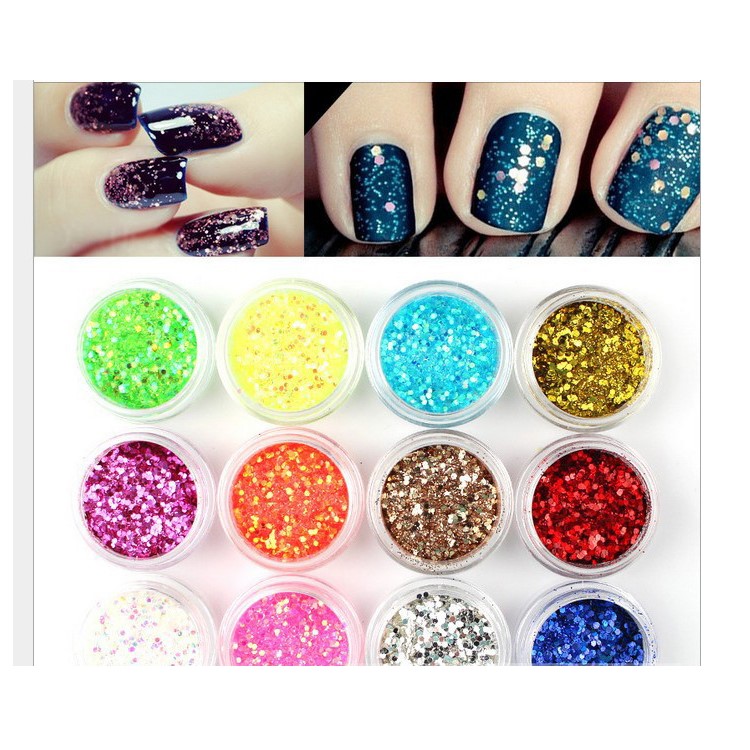 12 Colors Nail Art Glitter Tips Decoration Salon Tool Set - Shell Powder-1