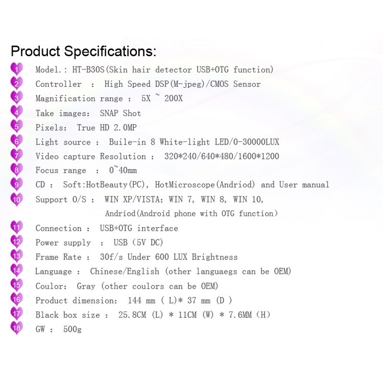 HOT-B30S 5X-200X 8 LED 2.0MP USB Digital Kopfhaut Haar Mikroskop Mit OTG Funktion Haut Detektor-11