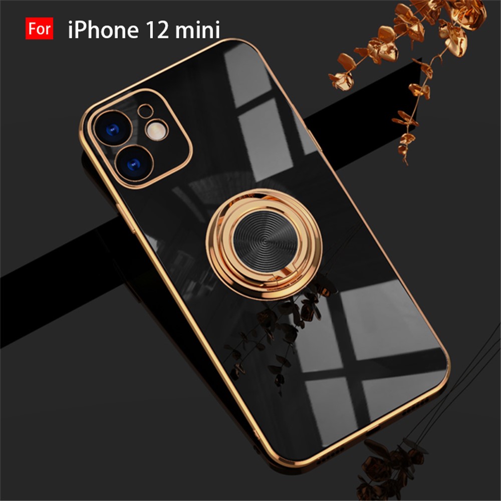 6D Electroplating Soft TPU Case with Metal Ring Kickstand for iPhone 12 mini/12/12 Pro/12 Pro Max - Black//for iPhone 12 mini