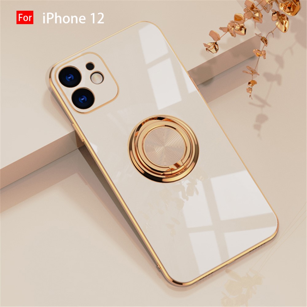 6D Electroplating Soft TPU Case with Metal Ring Kickstand for iPhone 12 mini/12/12 Pro/12 Pro Max - Gold//for iPhone 12
