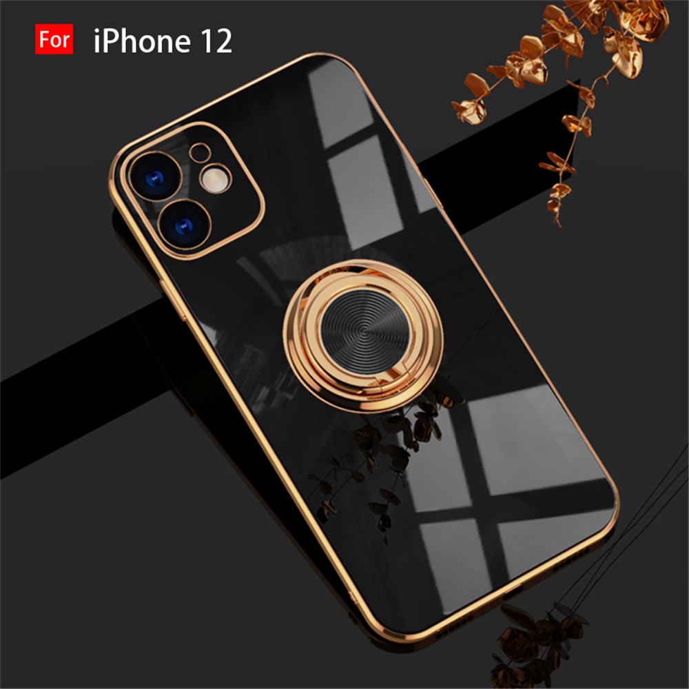 6D Electroplating Soft TPU Case with Metal Ring Kickstand for iPhone 12 mini/12/12 Pro/12 Pro Max - Black//for iPhone 12