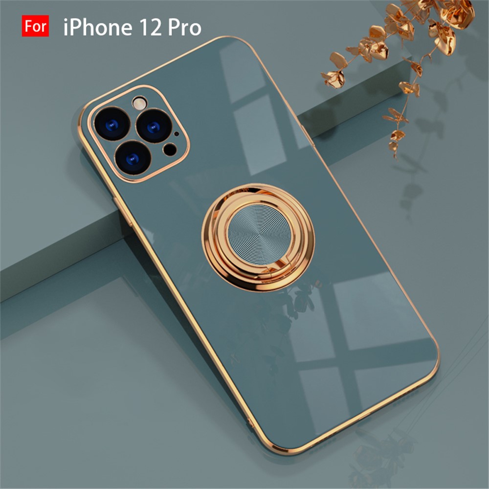 6D Electroplating Soft TPU Case with Metal Ring Kickstand for iPhone 12 mini/12/12 Pro/12 Pro Max - Grey//for iPhone 12 Pro