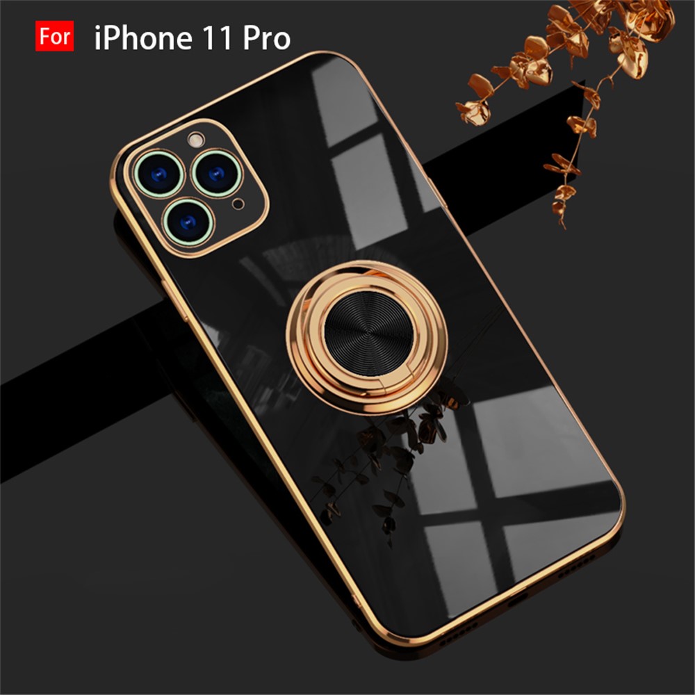 6D Electroplating TPU Phone Cover with Metal Ring Kickstand for iPhone 11 Pro / iPhone 11 / iPhone 11 Pro Max - Black//For iPhone 11 Pro