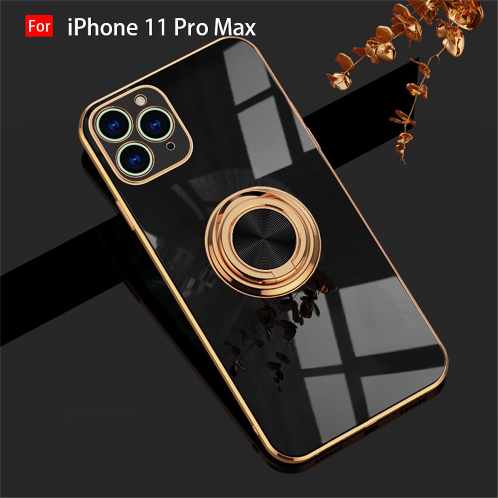 6D Electroplating TPU Phone Cover with Metal Ring Kickstand for iPhone 11 Pro / iPhone 11 / iPhone 11 Pro Max - Black//For iPhone 11 Pro Max