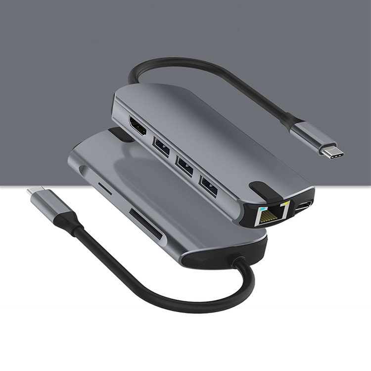 SEEWEI 1908 8-in-1 USB-C Hub Type-C to USB 3.0 x 3 + Type-C + TF + SD + HDMI + RJ45 Adapter-1