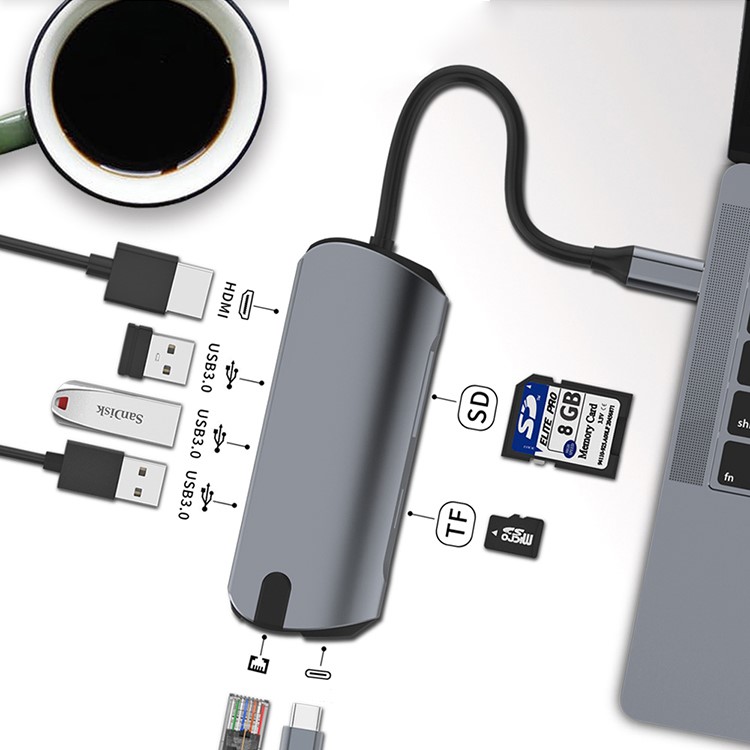 SEEWEI 1908 8-in-1 USB-C Hub Type-C to USB 3.0 x 3 + Type-C + TF + SD + HDMI + RJ45 Adapter-2