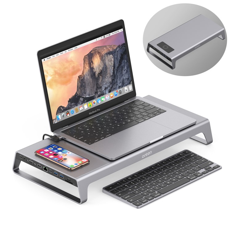 ONTEN OT-95109 11 in 1 Type-C Dock Station Stand with USB3.0 x 2+USB-C x 2+TF/SD+HDMI/VGA+3.5 Jack +RJ45 + Wireless Charging - Grey-1