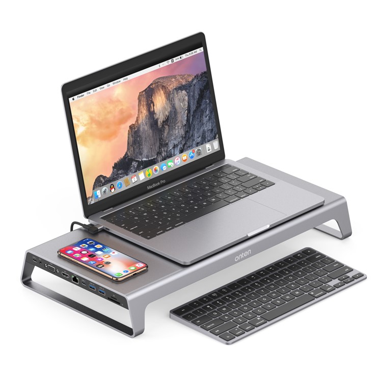 ONTEN OT-95109 11 in 1 Type-C Dock Station Stand with USB3.0 x 2+USB-C x 2+TF/SD+HDMI/VGA+3.5 Jack +RJ45 + Wireless Charging - Grey-3