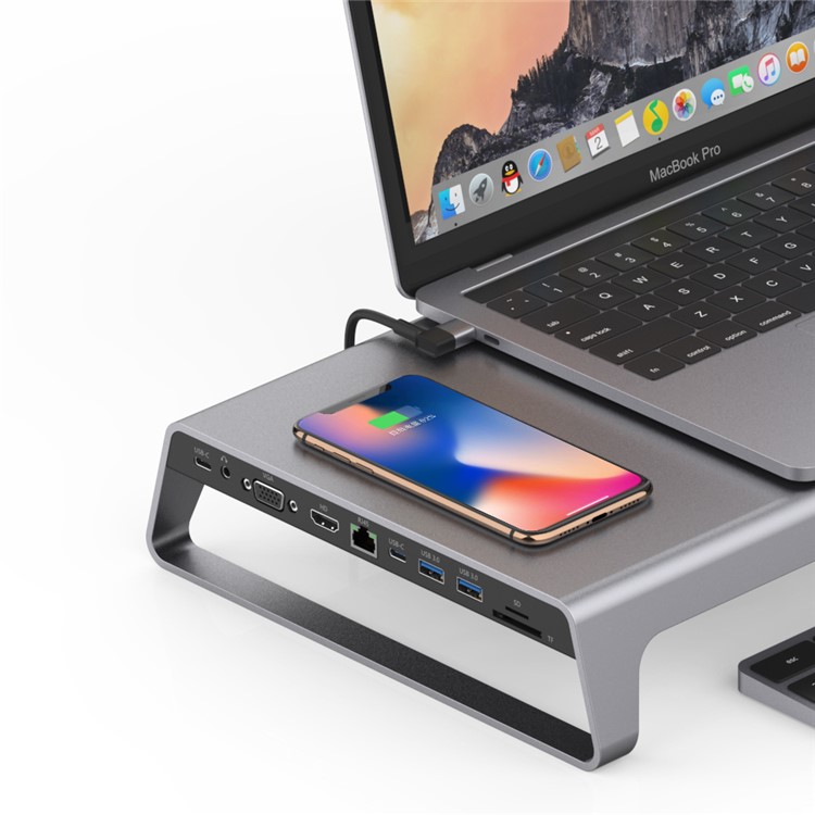 ONTEN OT-95109 11 in 1 Type-C Dock Station Stand with USB3.0 x 2+USB-C x 2+TF/SD+HDMI/VGA+3.5 Jack +RJ45 + Wireless Charging - Grey-4