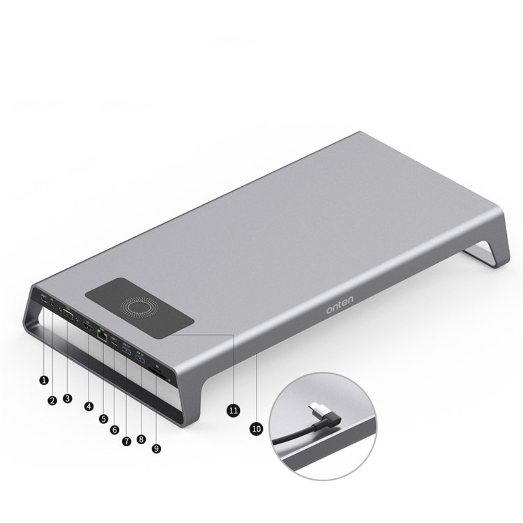ONTEN OT-95109 11 in 1 Type-C Dock Station Stand with USB3.0 x 2+USB-C x 2+TF/SD+HDMI/VGA+3.5 Jack +RJ45 + Wireless Charging - Grey-5