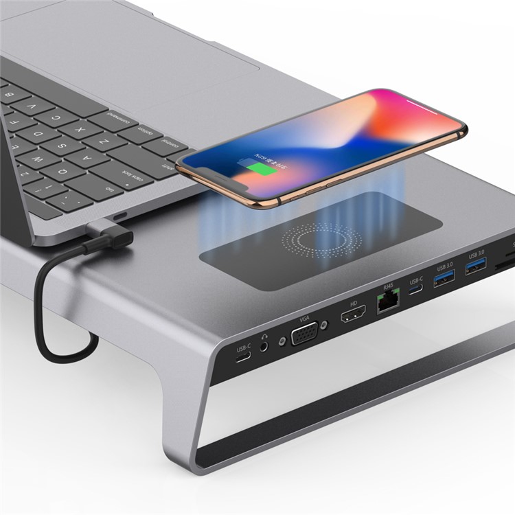 ONTEN OT-95109 11 in 1 Type-C Dock Station Stand with USB3.0 x 2+USB-C x 2+TF/SD+HDMI/VGA+3.5 Jack +RJ45 + Wireless Charging - Grey-6