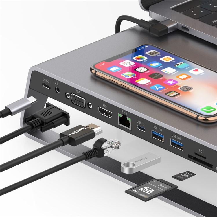 ONTEN OT-95109 11 in 1 Type-C Dock Station Stand with USB3.0 x 2+USB-C x 2+TF/SD+HDMI/VGA+3.5 Jack +RJ45 + Wireless Charging - Grey-7