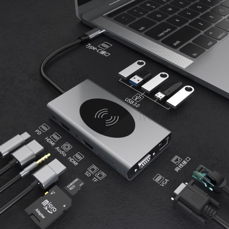 SEEWEI 14-in-1 Type-C HUB TYPE-C to HDMI*2+VGA+USB3.0*5+SD+TF+RJ45+PD+Audio3.5mm+10W Wireless Charger Multi-function HUB-4