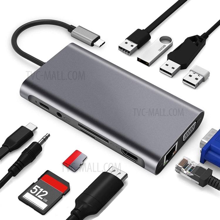 11 in 1 Type-C Hub USB 3.1 Type C to HDMI + RJ45 + VGA + 4xUSB3.0 + PD + SD + TF + 3.5mm Adapter-2