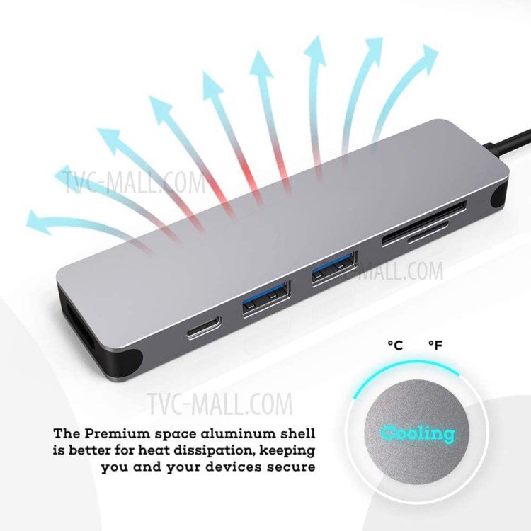 6 Em 1 USB-C Cubo Tipo-C-HDMI + 2xusb3.0 + PD + TF + Adaptador SD-4