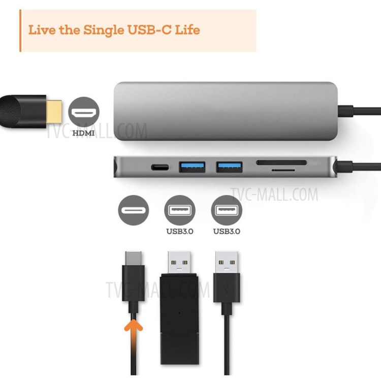 6 em 1 USB-C Hub Tipo c Para HDMI + 2xusb3.0 + PD + TF + Adaptador SD-8