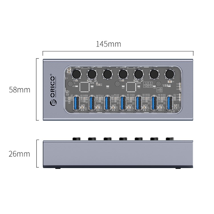 ORICO AT2U3-7AB 7 Puertos USB3.0 5gbps Transmisión de Datos 5V/2.4A Carga Del Teléfono Dock Aleación de Aluminio + PC Splitter de Cubo USB Con Interruptores Individuales - au Tapón-3