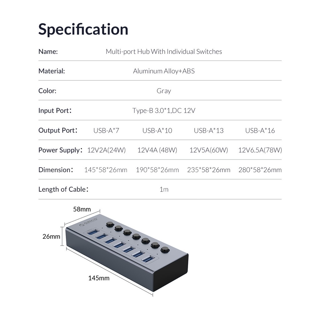 ORICO BT2U3-10AB Aluminum Alloy Multi-port HUB with Individual Switches-17