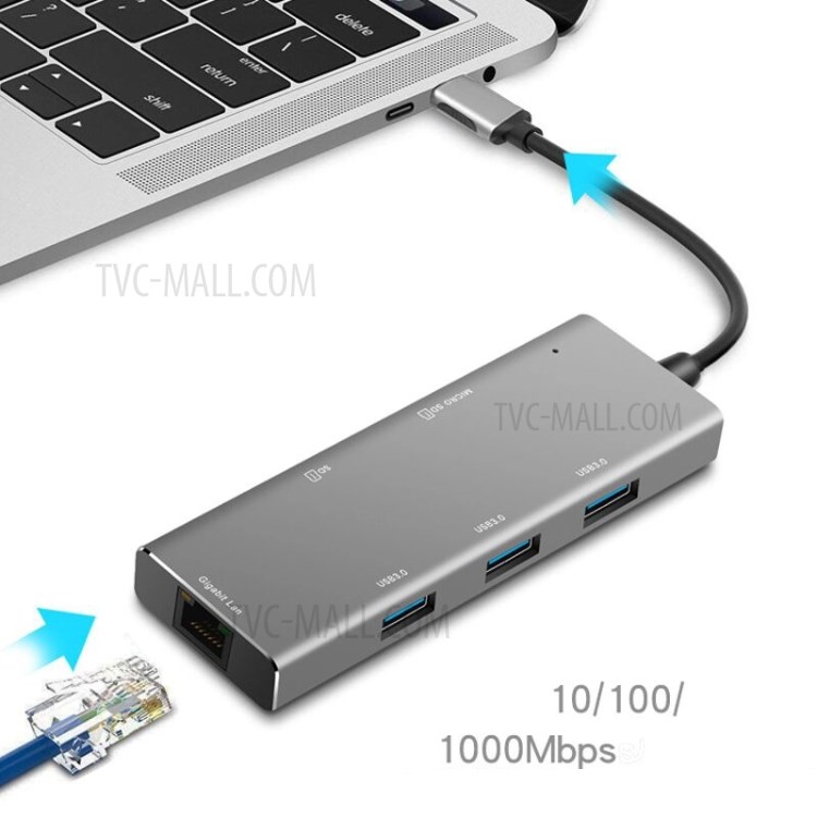 Lemonda YC-720 Typ-C-Hub-Multifunktionsadapter Typ-C Bis USB 3.0 * 3 + SD + TF + RJ45-Konverter-2