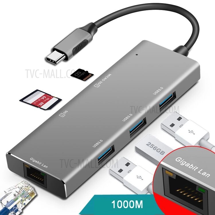 Adaptador Multifunción de HUB YC-720 Tipo-c Tipo-c a USB 3.0*3+SD+TF+RJ45 Converter-3