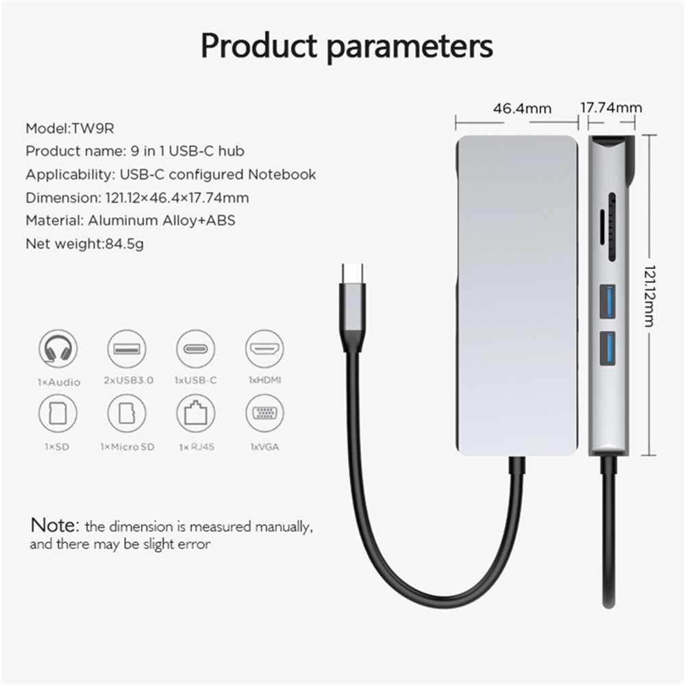 Adaptador Hub de 9 en 1 Tipo C PD USB 3.0 VGA RJ45 Aux SD/TF Card Lector Estación de Acoplamiento-10