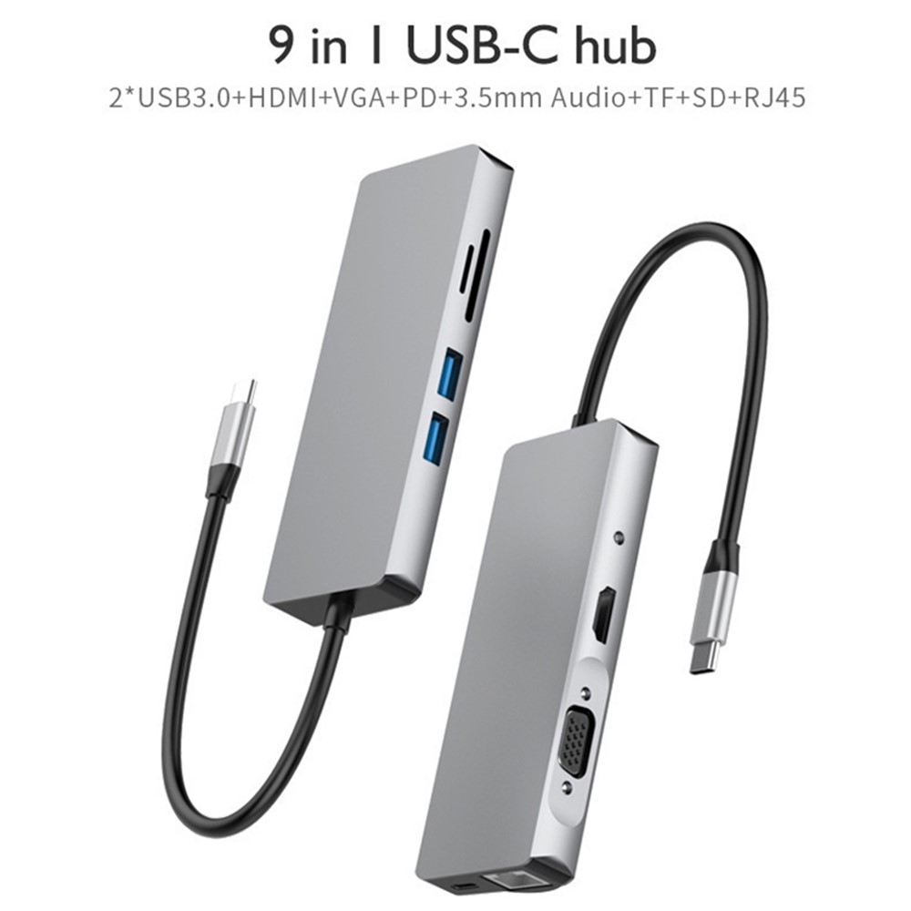 9-in-1 Type C Hub HDMI Adapter PD USB 3.0 VGA RJ45 AUX SD/TF Card Reader Docking Station-4